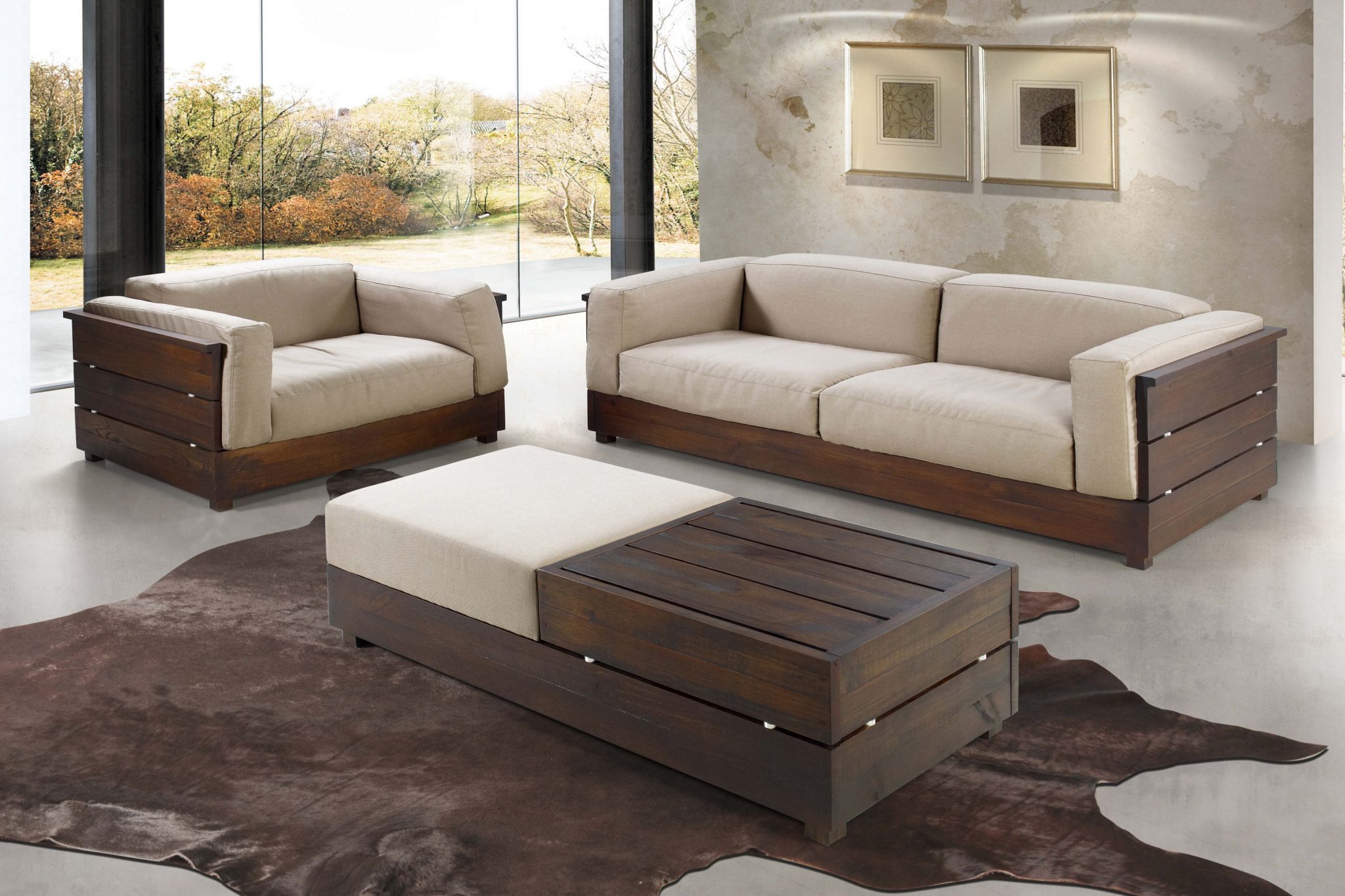 sala planejada com sofás de madeira